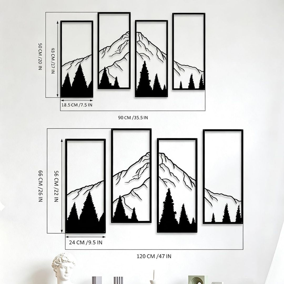 Ruben – Metalen wanddecoratie berg- en boslandschap set van 4 panelen
