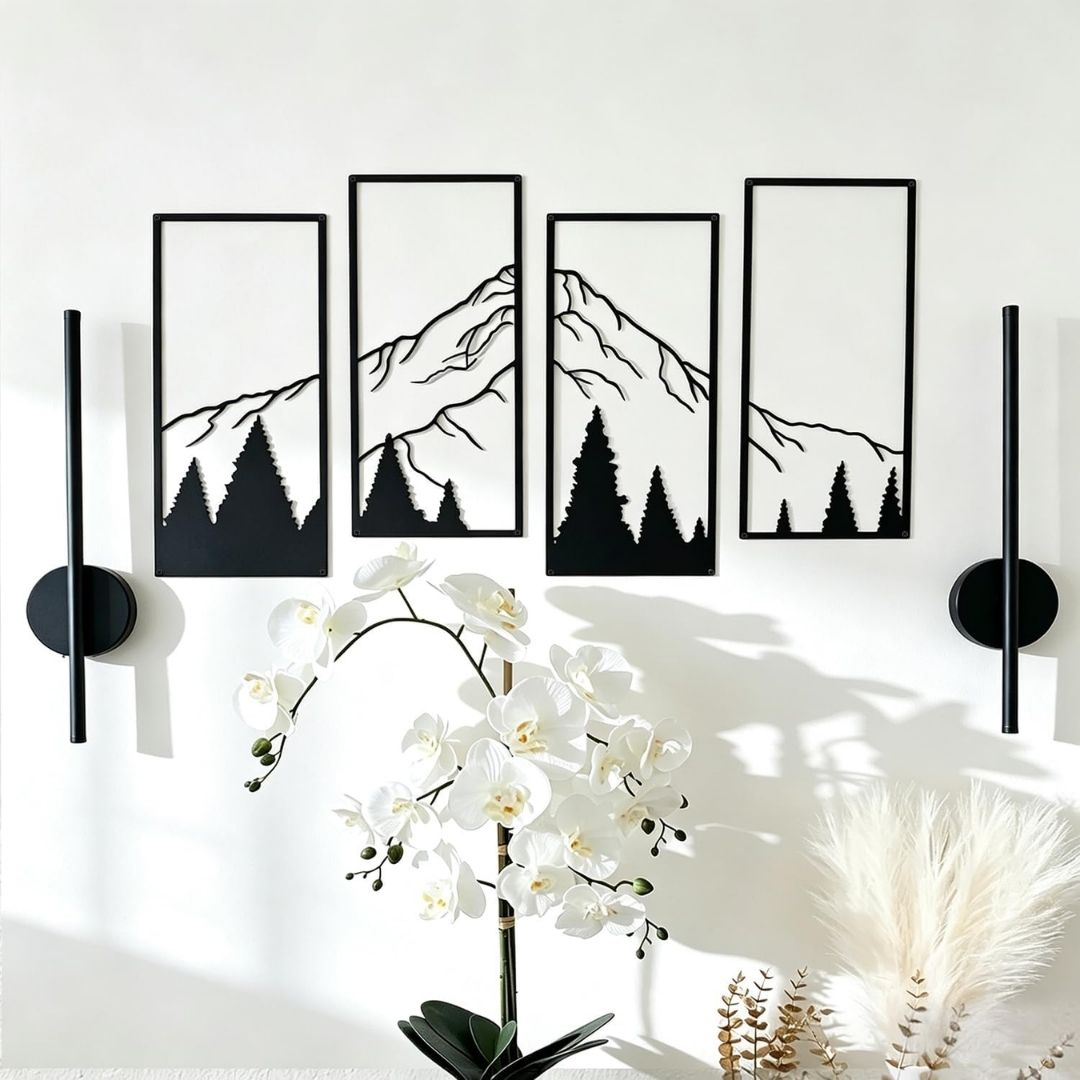 Ruben – Metalen wanddecoratie berg- en boslandschap set van 4 panelen