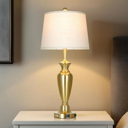 Floris – Luxe messing tafellamp met usb-oplaadpoorten en linnen kap