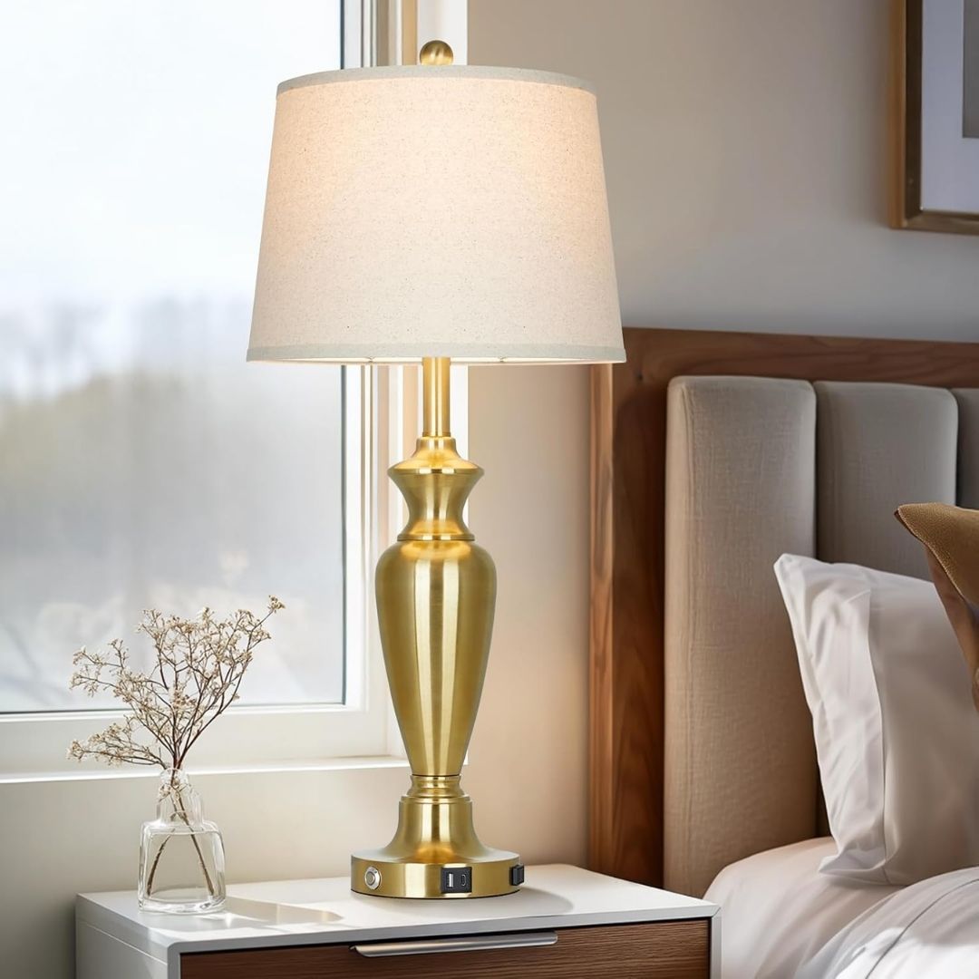 Floris – Luxe messing tafellamp met usb-oplaadpoorten en linnen kap