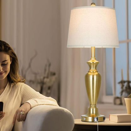Floris – Luxe messing tafellamp met usb-oplaadpoorten en linnen kap